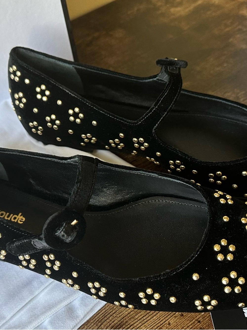 Larroude Black Velvet Mary Jane Flats with Gold Studs